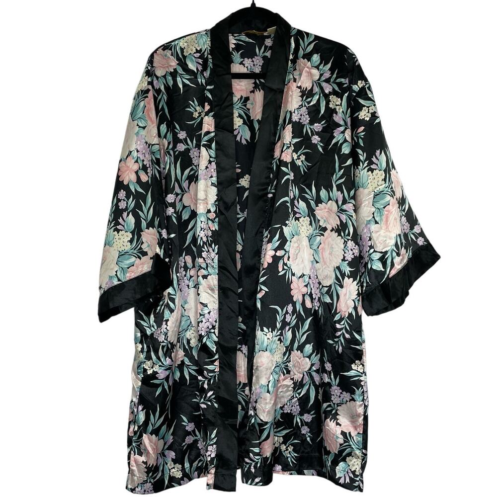 Vintage Victoria Secret black pink floral short kimono robe size Large